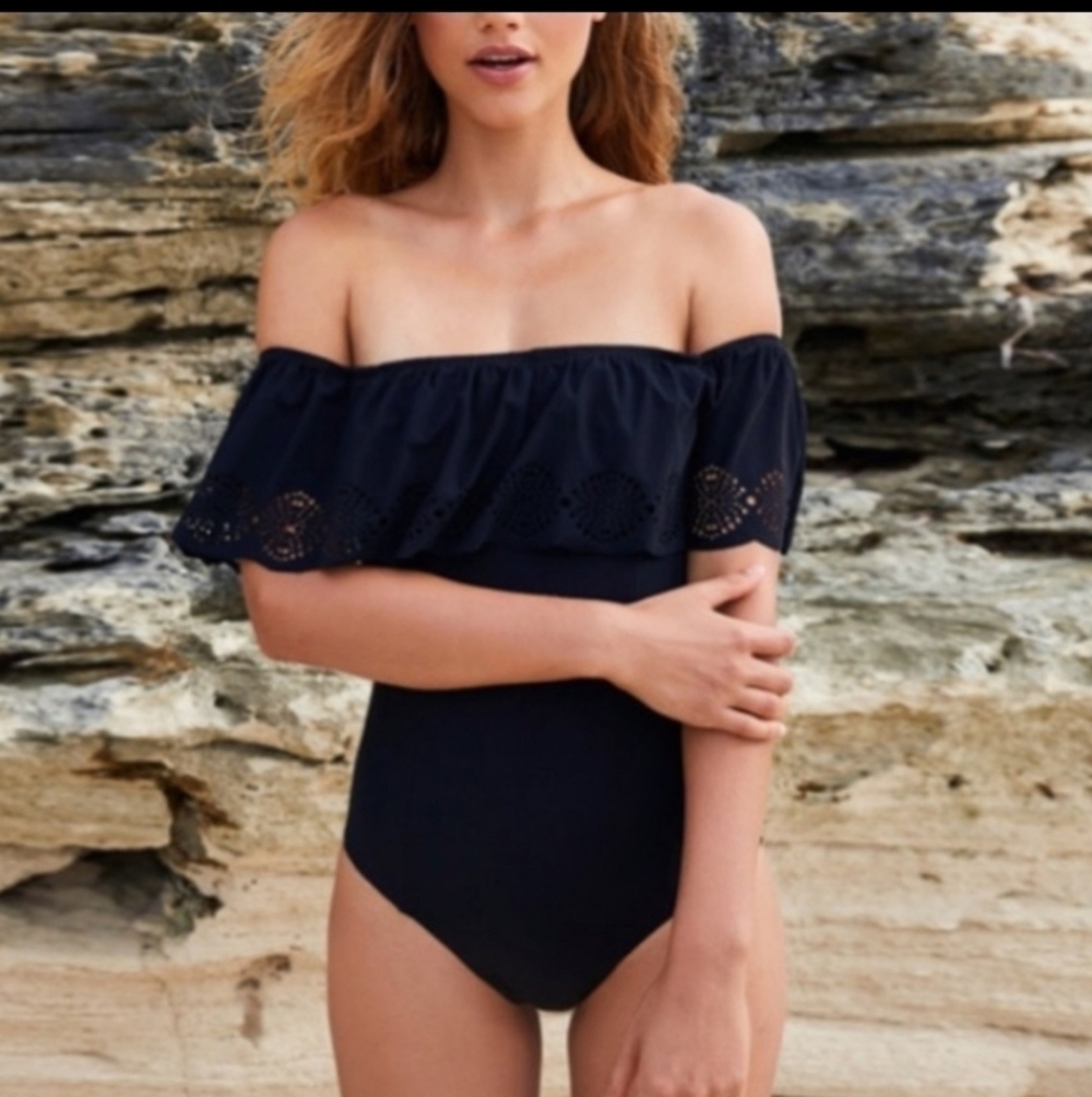 Black Ruffled Off the Shoulder 1 Piece Swimsuit